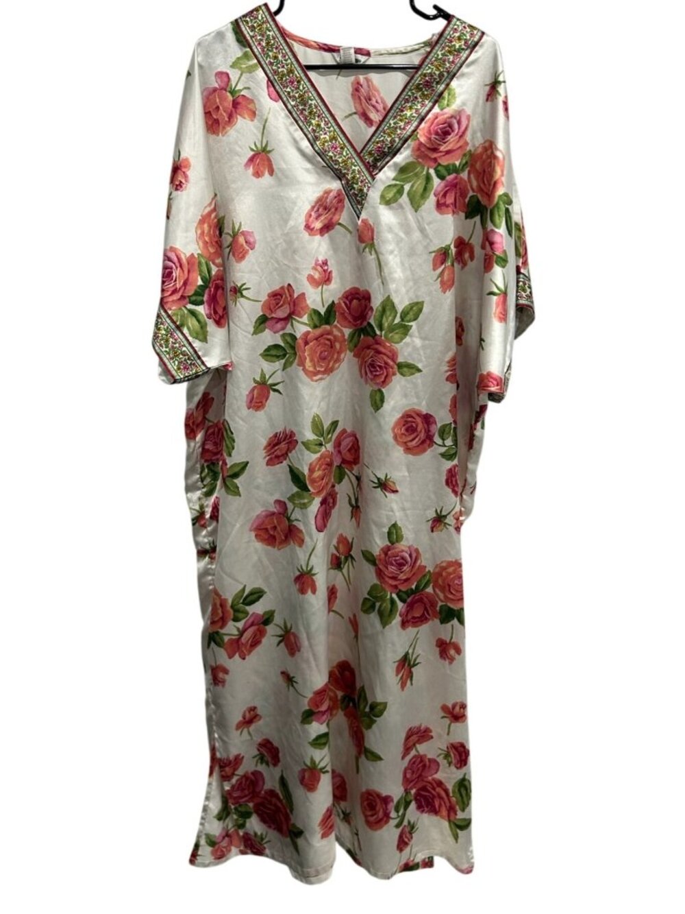 Winlar Floral Polyester Kaftan Dress Embroidered Trim One Size Fits Most